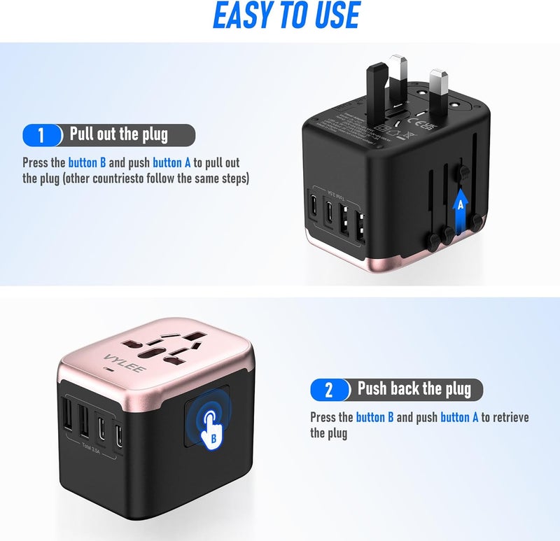 VYLEE Universal International Power Travel Plug Adapter, 5 in 1 European Travel Plug Adapter W/ 3.5A 2xUSB-A and 2xUSB C Wall Charger and Worldwide AC Outlet for Europe USA UK AUS(Rose Gold) - Image 4